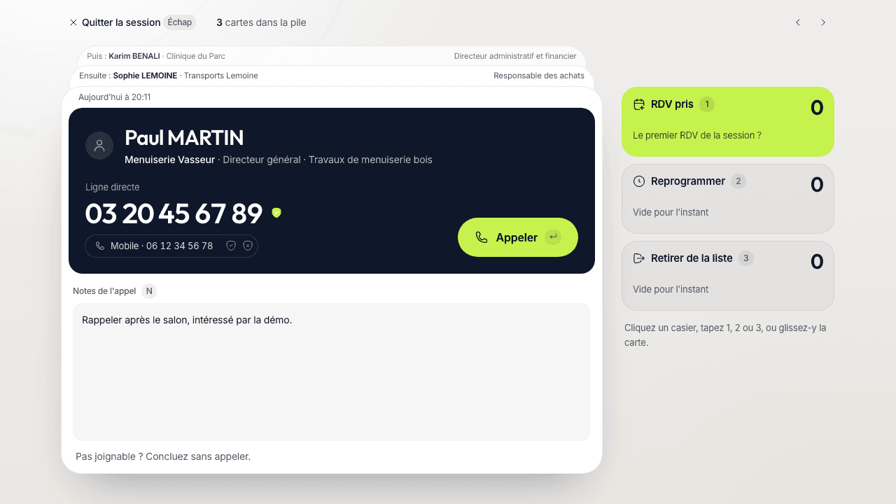 La session : la carte du dessus avec son bouton « Appeler », les suivantes dessous, et les trois casiers à droite.