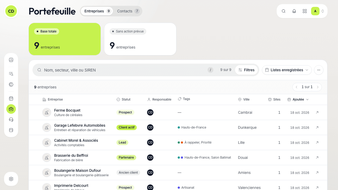 The portfolio: the search bar and the « Filtres » button, the map of sites, then the table of companies with their status, owner and tags.