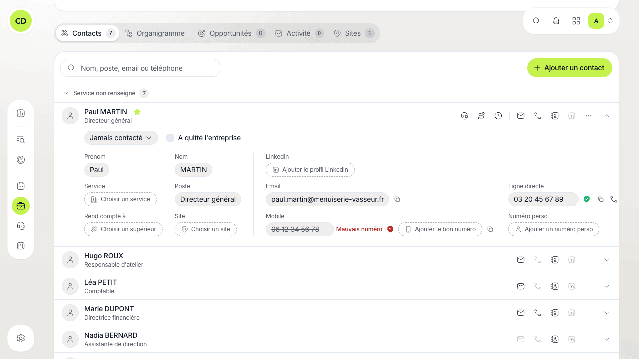 Un contact déplié sur la fiche d'une entreprise : son consentement en haut, son identité à gauche, ses coordonnées à droite — la ligne directe marquée vérifiée d'un bouclier vert, le mobile barré « Mauvais numéro » avec « Ajouter le bon numéro » à côté.