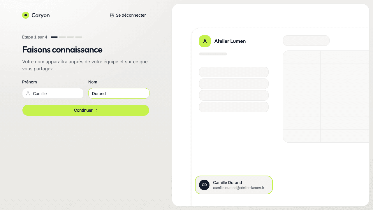 La première étape, « Faisons connaissance » : prénom et nom, avec l'aperçu de l'espace à droite.
