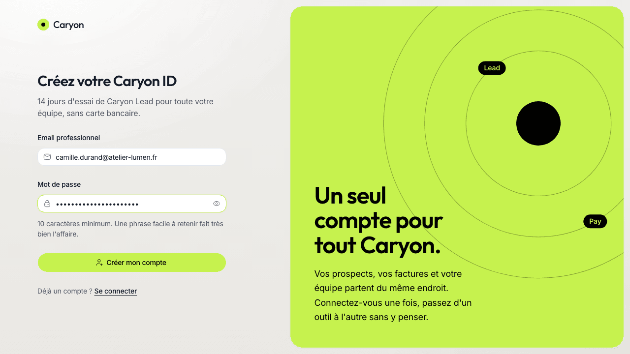 Le formulaire « Créez votre Caryon ID » : email professionnel, mot de passe et bouton « Créer mon compte ».