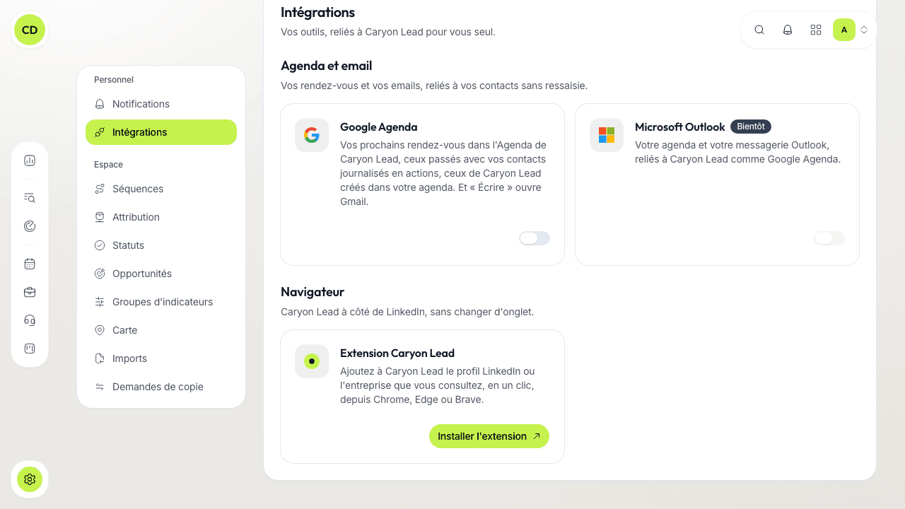 Réglages › Intégrations de Caryon Lead : la carte « Extension Caryon Lead » et son bouton « Installer l'extension ».