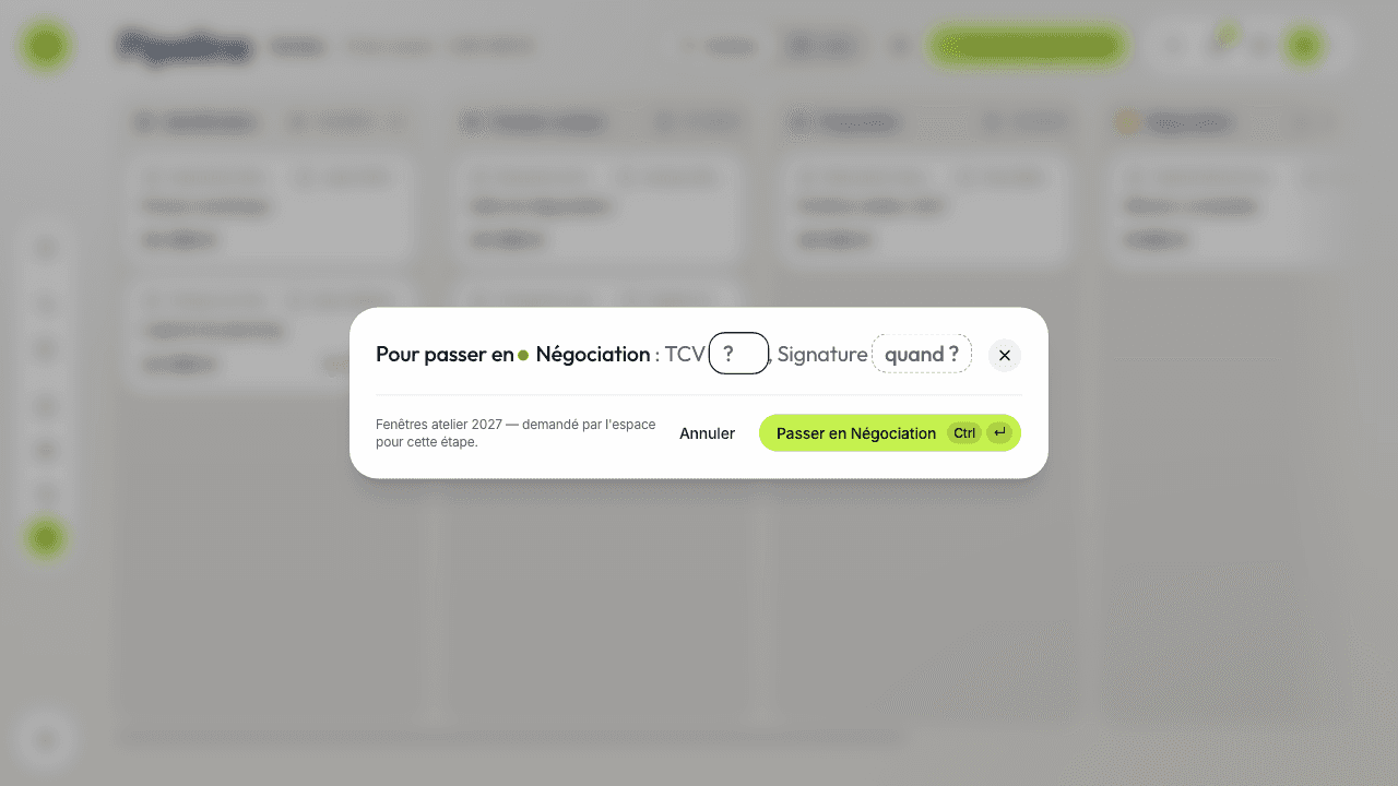 The « Pour passer en Négociation » window: a sentence asking for the missing TCV and signing date, with the « Passer en Négociation » and « Annuler » buttons.