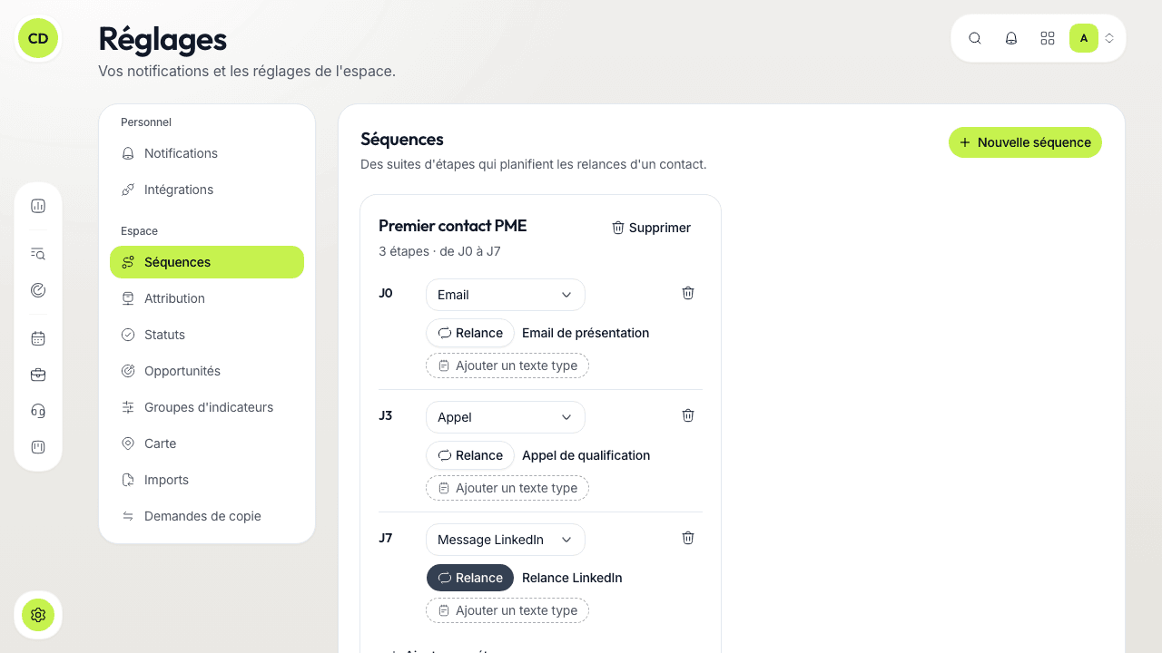 La page Séquences des Réglages : une séquence avec ses trois étapes — un email à J0, un appel à J3, un message LinkedIn marqué « Relance » à J7 — et le bouton « Nouvelle séquence ».