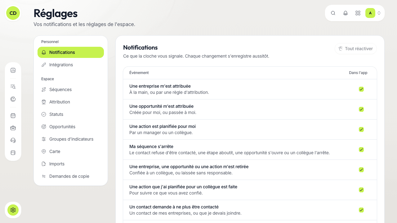 Réglages › Notifications : une ligne par événement, dans les mots de celui qui la reçoit, avec une case « Dans l'app » cochée.