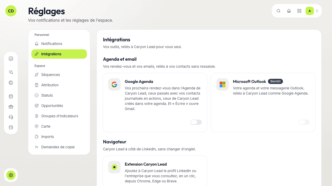Réglages › Intégrations de Caryon Lead : la tuile Google Agenda et son interrupteur pour la connecter, Microsoft Outlook « Bientôt » à côté.